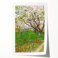Vincent van Gogh-inspired floral art on rolled canvas, featuring vibrant blue and yellow tones.