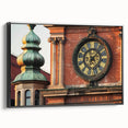Framed canvas art piece depicting a scenic landscape with a majestic castle, showcased from a black side view. Ideal for home decor enthusiasts seeking elegant wall art.