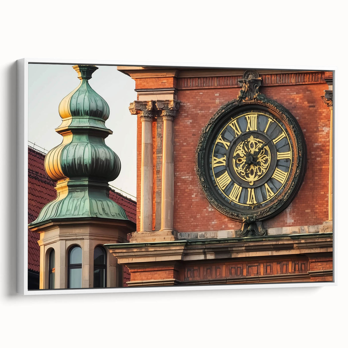 Framed canvas artwork showcasing a serene landscape with a majestic castle, featuring vibrant colors and intricate details, set against a white frame for an elegant display.