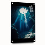 Acrylic glass artwork depicting a vibrant landscape scene, showcasing intricate cave details and textures, elegantly displayed with pins for a modern aesthetic.