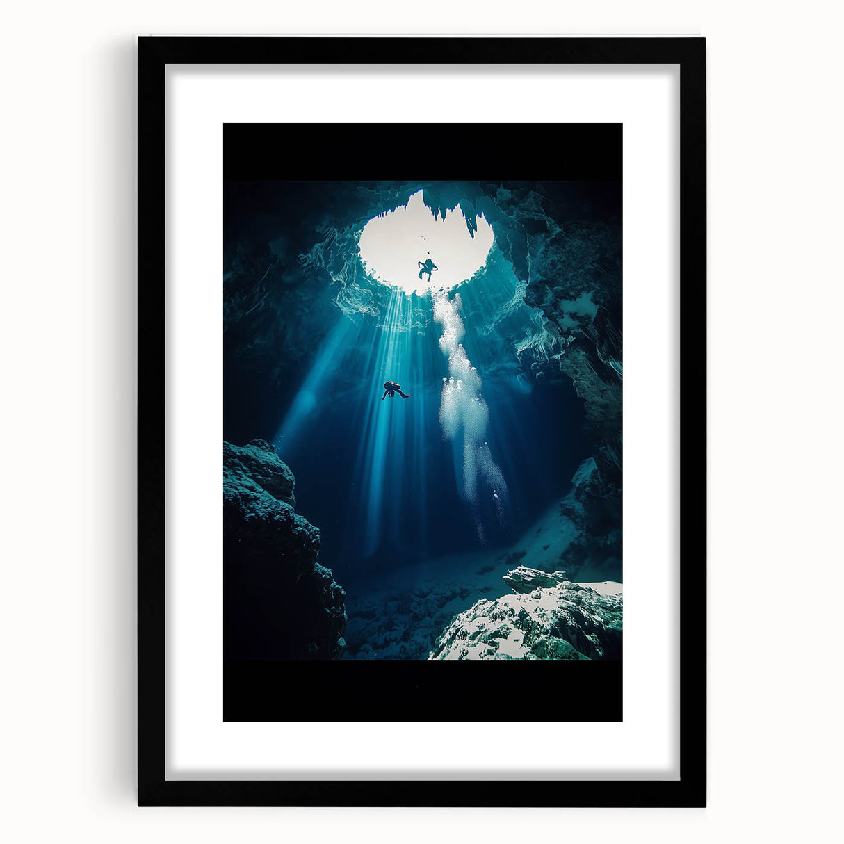 Framed landscape artwork depicting an intricate cave scene, featuring a sleek black mat and frame, ideal for contemporary home decor and art enthusiasts.