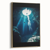 Framed canvas artwork showcasing a vibrant landscape with intricate cave details, featuring a gold side profile, ideal for enhancing modern decor.
