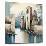 Abstract architectural wall art piece displayed from a side view, showcasing vibrant colors and geometric shapes on acrylic glass, secured with decorative pins for a modern decor touch.