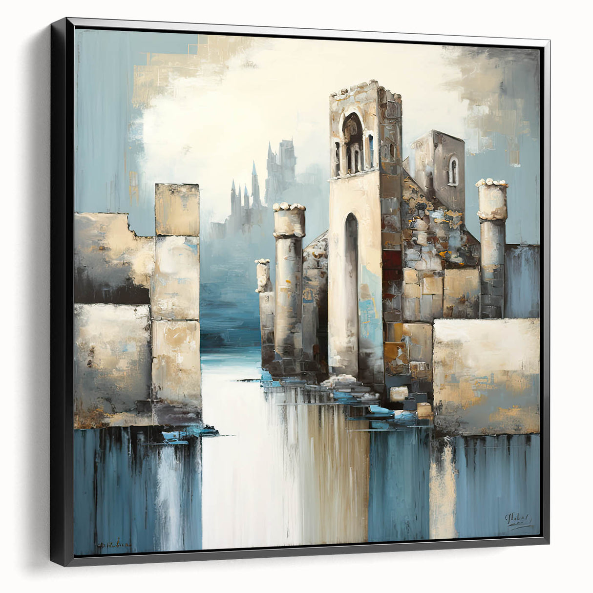 Framed abstract architecture wall art in black, showcasing geometric patterns and modern design. Perfect for contemporary home decor, emphasizing sleek aesthetics.