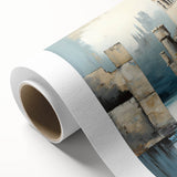 Abstract architectural wall art on rolled canvas showcasing geometric shapes in shades of blue and gold, designed to add a modern touch to any interior space.