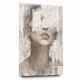 Abstract figurative wall art showcasing vibrant colors and dynamic shapes, displayed in an acrylic glass frame with decorative pins, adding modern elegance to any space.