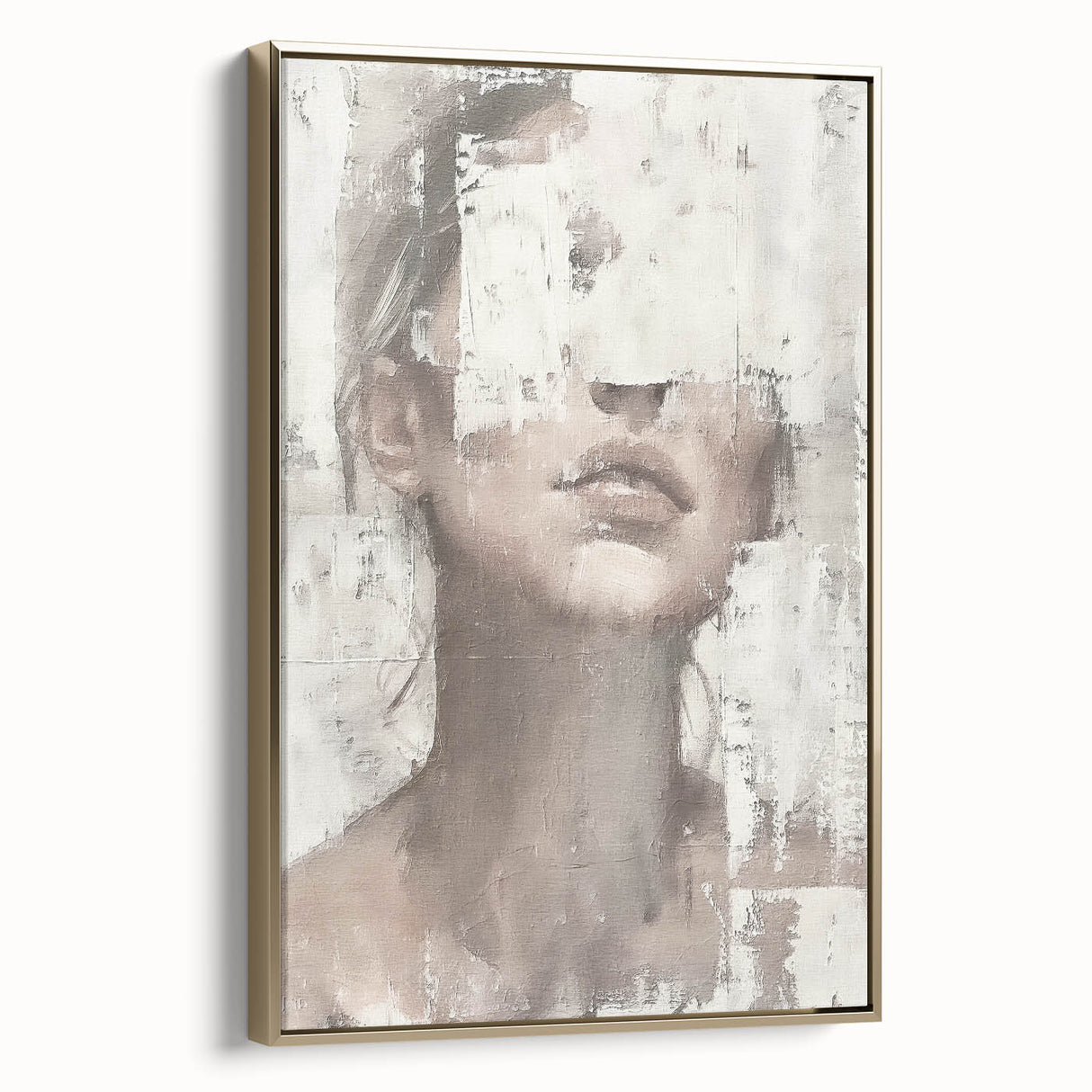 Framed abstract figurative wall art featuring gold accents and a modern design, displayed in a stylish setting highlighting its elegant side view.