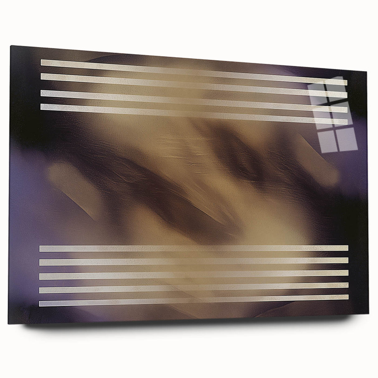 Abstract geometric acrylic glass design showcasing vibrant blue, green, and orange shapes, captured from a side view without pins, ideal for modern decor.