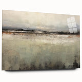 Abstract landscape wall art displayed behind acrylic glass, showcasing vibrant colors and fluid shapes, ideal for modern home decor. Side view highlights pin-free mounting for a sleek appearance.