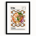 Extra large abstract art print featuring colorful, textured depictions of various food dishes, framed with a black mat.
