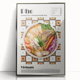 Mid-century modernist art depicting various food dishes in muted colors on a framed acrylic, ideal for modern kitchen decor.
