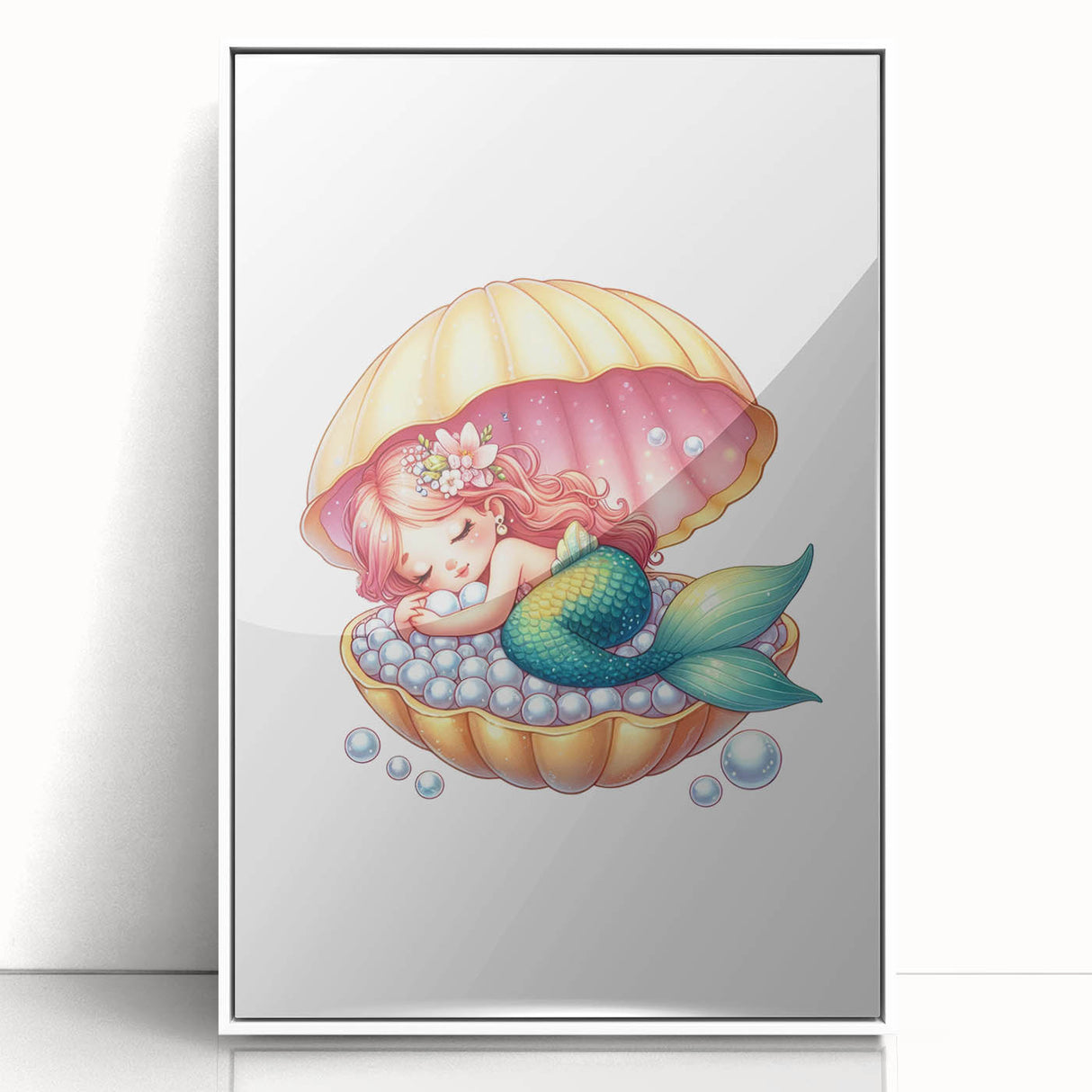 Girls Room Wall Art - Sleeping Mermaid in Seashell Kids Decor