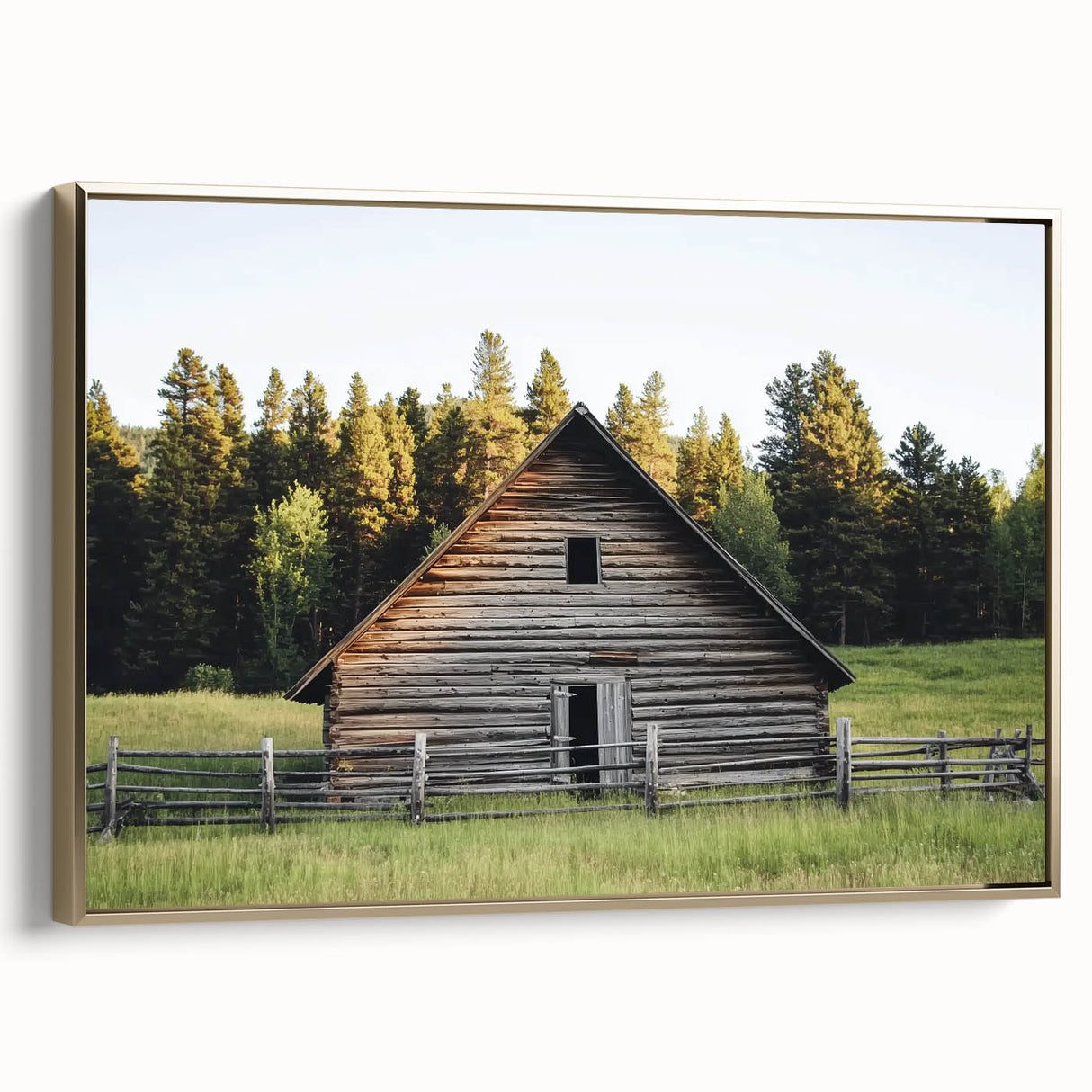 Landscape barn-themed canvas print framed in gold, showcasing a rustic countryside scene with vibrant colors and intricate details, perfect for home decor.