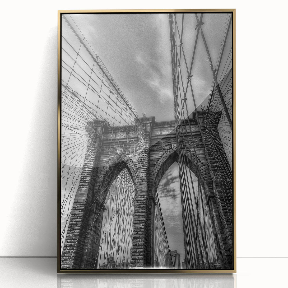 Framed acrylic artwork of a landscape bridge in gold tones, showcasing intricate details and reflections, perfect for modern decor and art enthusiasts.