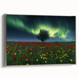 Framed canvas artwork depicting a serene landscape with vibrant green fields and a clear blue sky, featuring a silver frame that enhances its elegance. Ideal for home decor, this piece brings nature indoors, adding a tranquil atmosphere to any room.