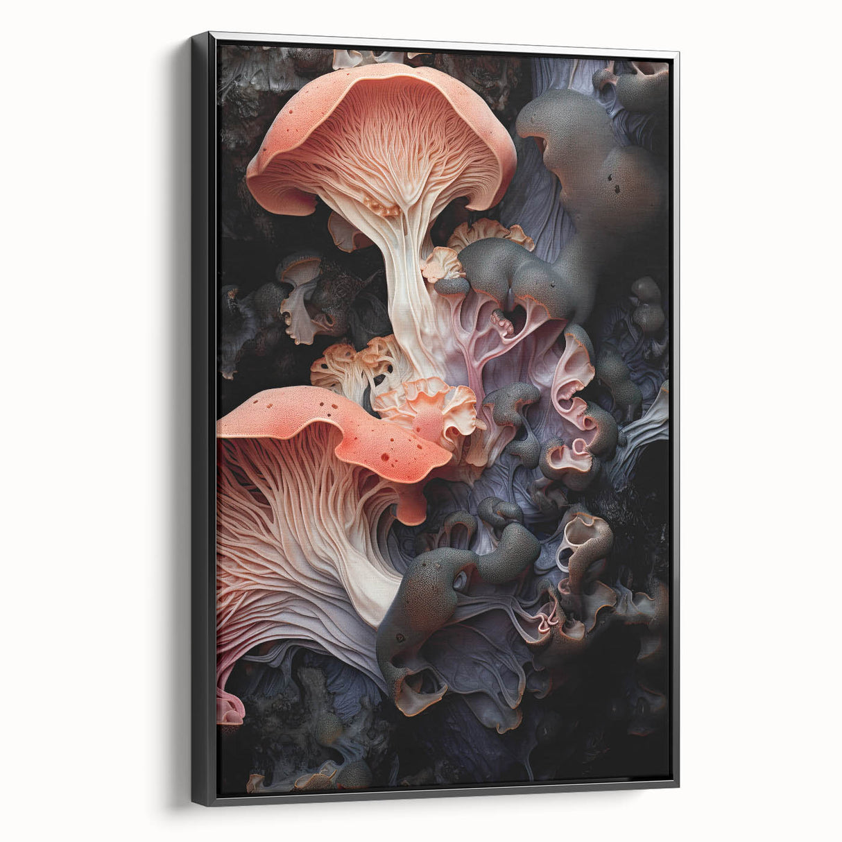 Black and white landscape art painting on framed canvas, featuring close-up natural elements.