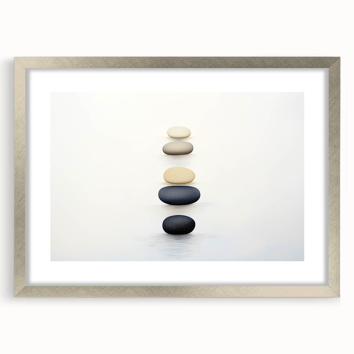 Textured art print featuring abstract shapes in muted earth tones, framed with a silver mat, suitable for bedroom decor.
