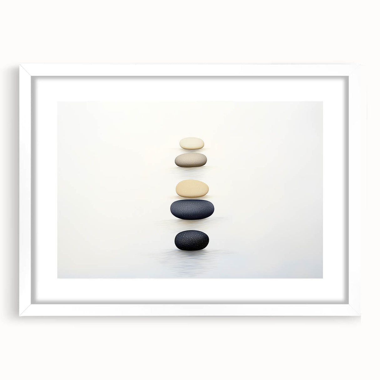 Abstract art print showcasing close-up nature elements in muted green and white tones, framed with a white mat.