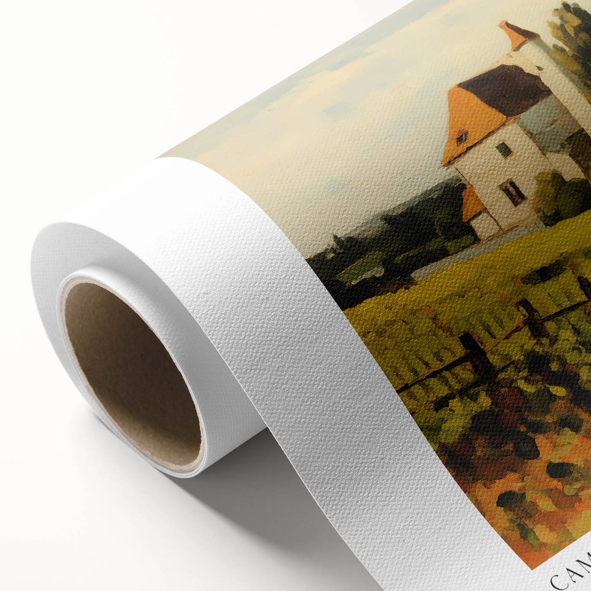 Art deco style poster of a serene landscape on rolled canvas, in muted pastel colors, suitable for nursery wall art.