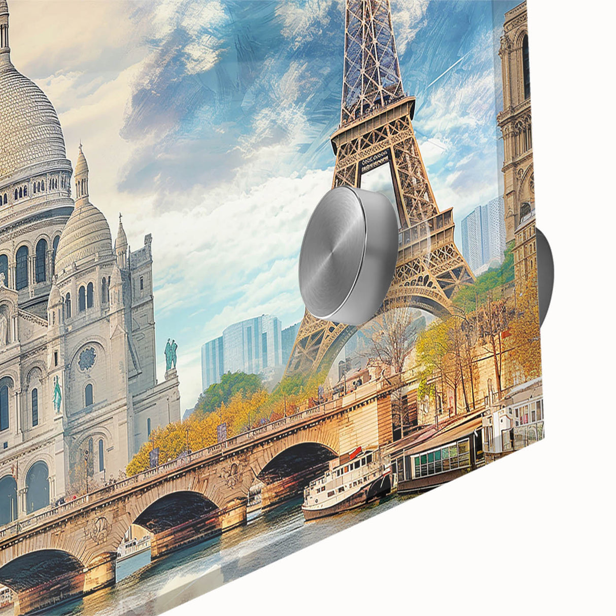 Large abstract depiction of Paris in muted earth tones on acrylic glass.