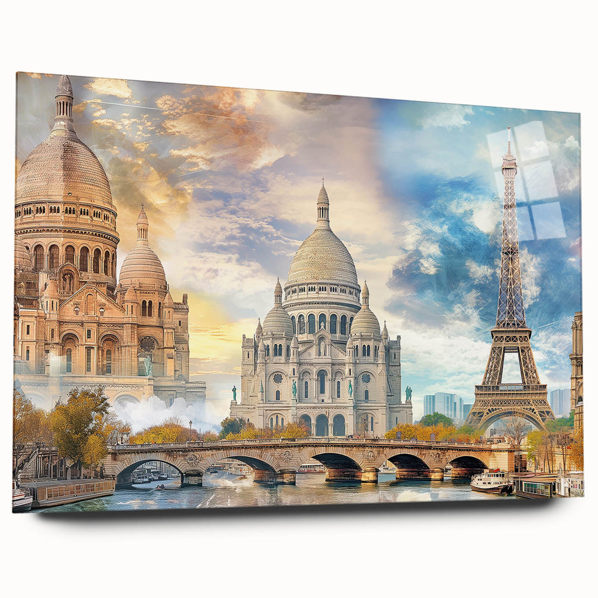 Acrylic print of a large abstract depiction of the Paris skyline in muted gray and blue tones.