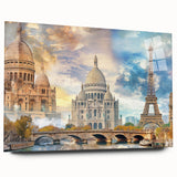 Acrylic print of a large abstract depiction of the Paris skyline in muted gray and blue tones.