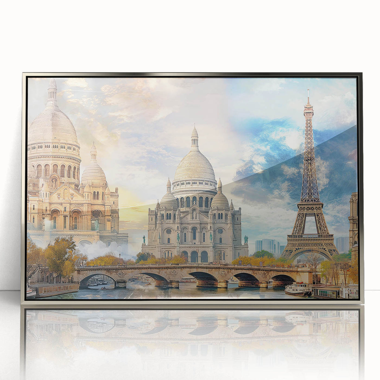 Large art print of Paris scenery in muted gray and blue tones, framed acrylic, ideal for modern art wall decor.