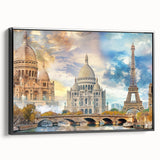 Black and white wall art of Paris landscape on framed canvas, featuring vintage poster art style, ideal for bedroom decor.