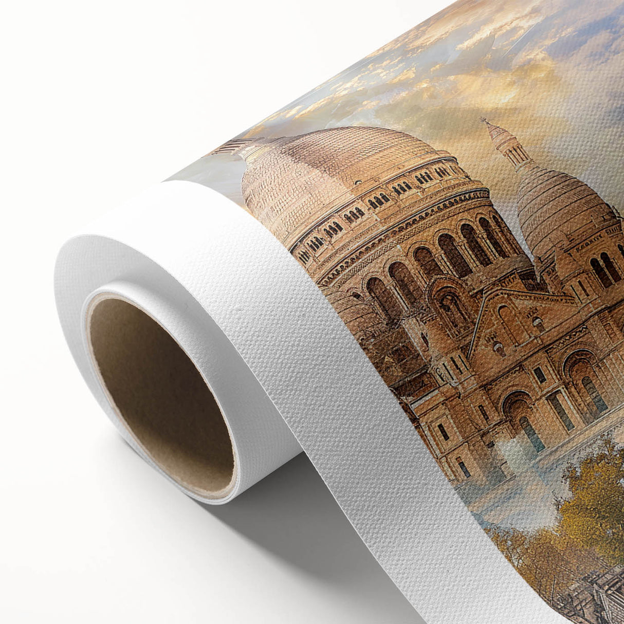 Art Deco poster of Paris scenery in muted pastel shades on rolled canvas, ideal for nursery wall art or dining room decor.