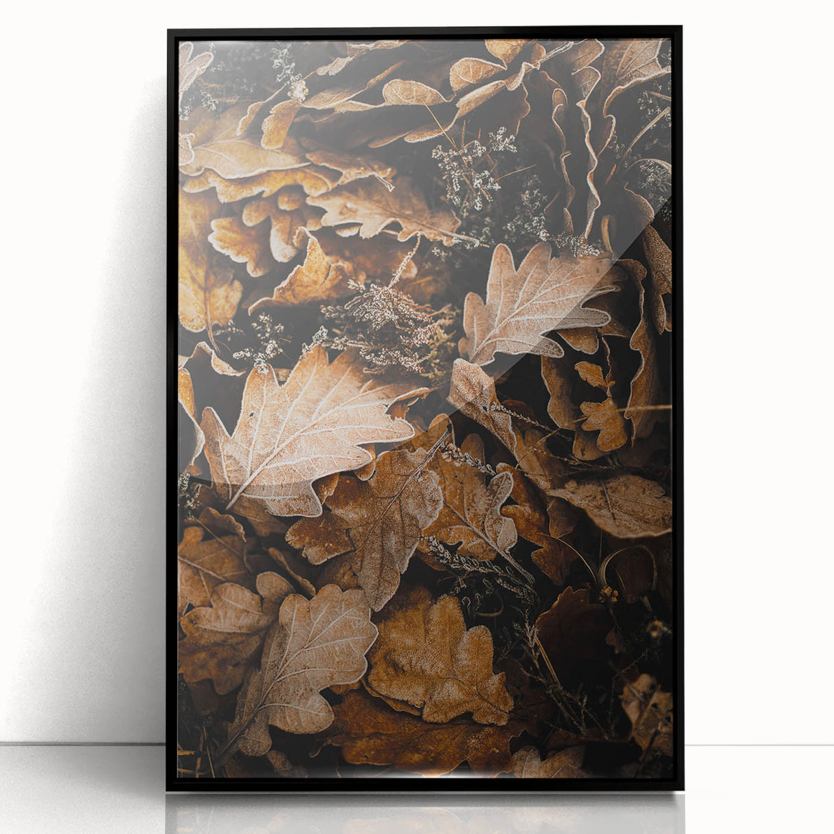 Large abstract wall art featuring autumnal shades on a framed acrylic print, suitable for modern living room decor.