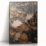 Large art print depicting a mid-century modernist fall scene in gold tones, framed acrylic, ideal for nursery wall decor.