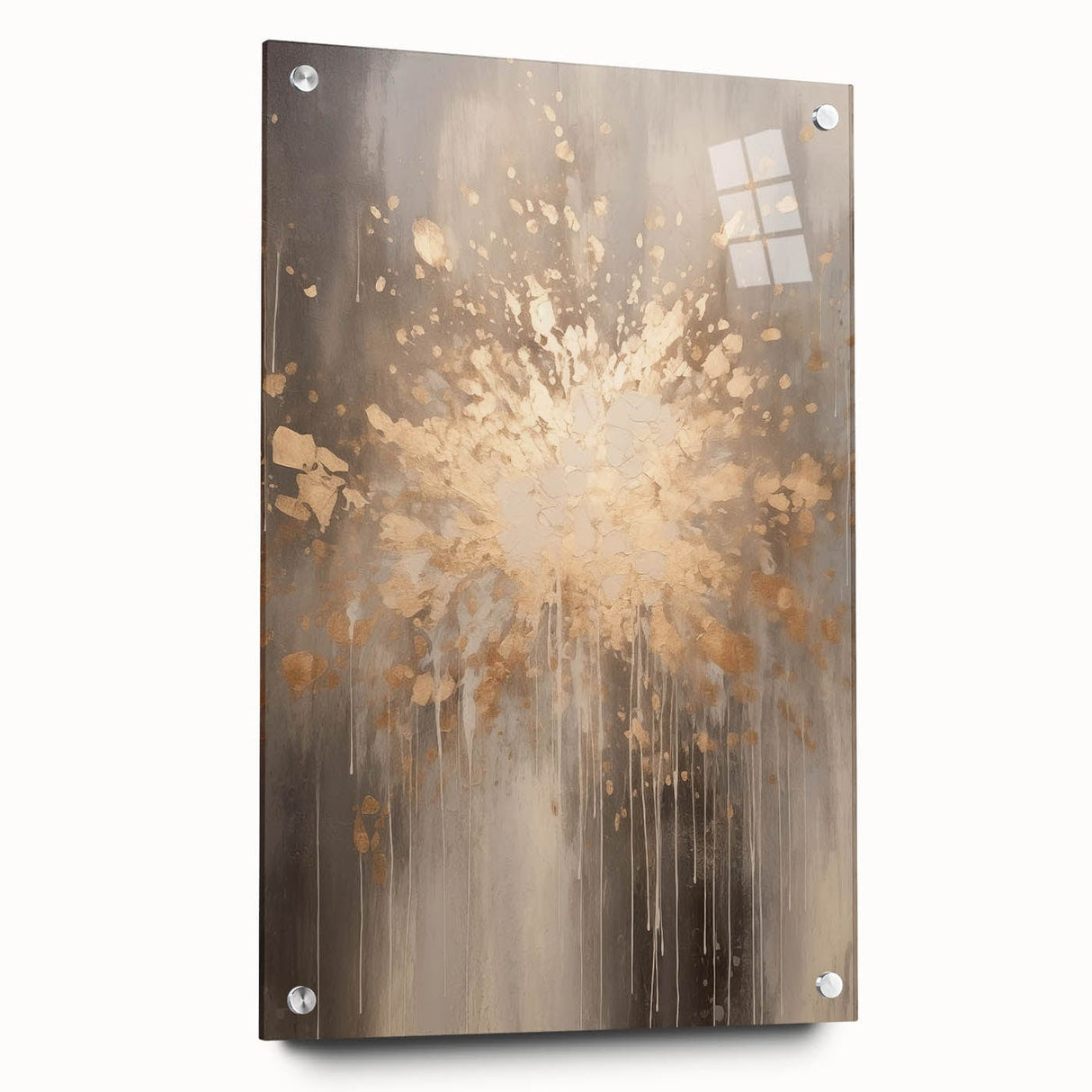 Large abstract wall art on acrylic glass depicting winter season in muted blue and white tones.