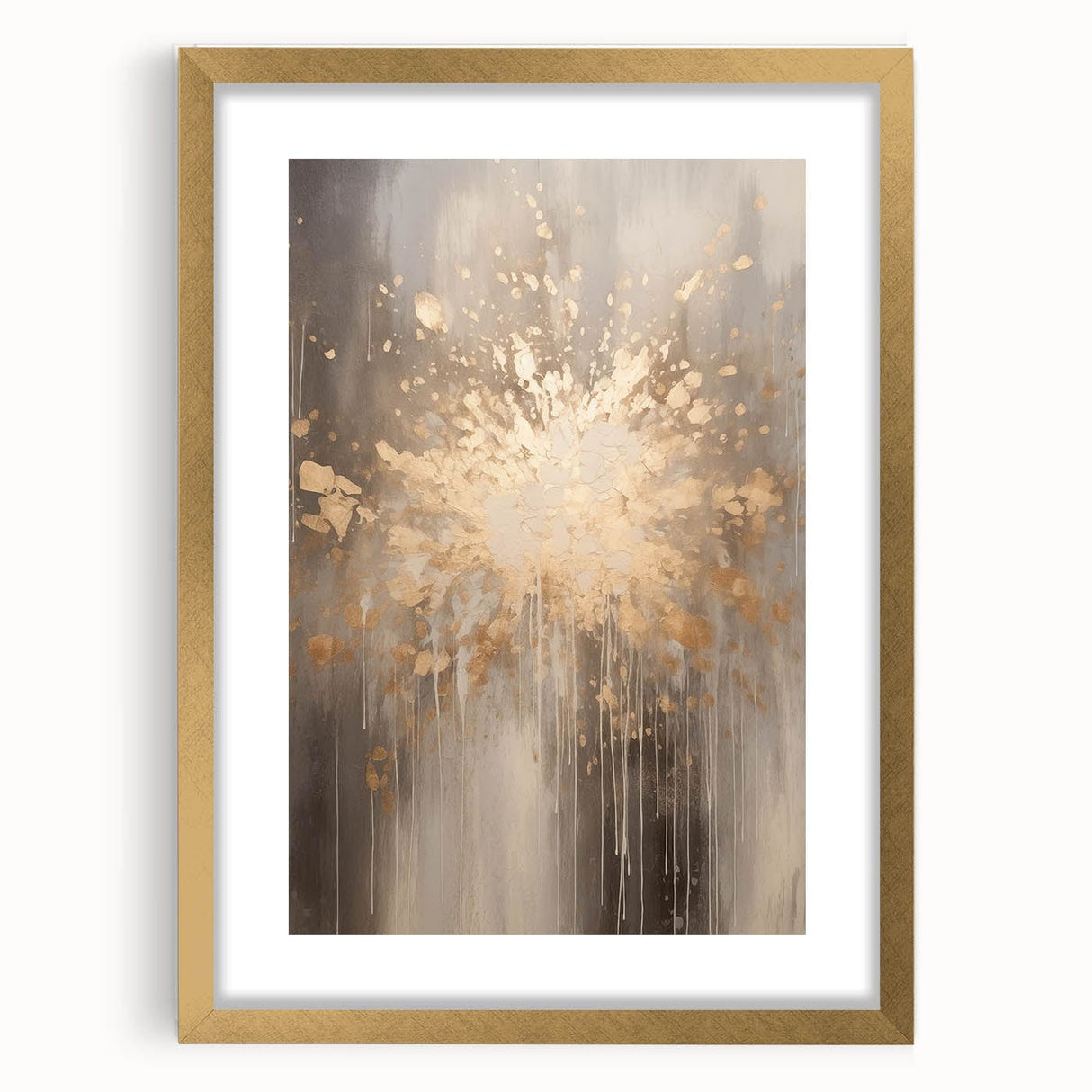 Extra large abstract art print in textured style, featuring cool blue and white tones on a gold-framed canvas.