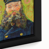 Close-up of a textured, extra large framed canvas depicting colorful, abstract motifs on a black background.
