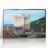 Framed acrylic artwork showcasing a stunning landscape with a castle, presented in a sleek silver frame, ideal for home decor and art enthusiasts.