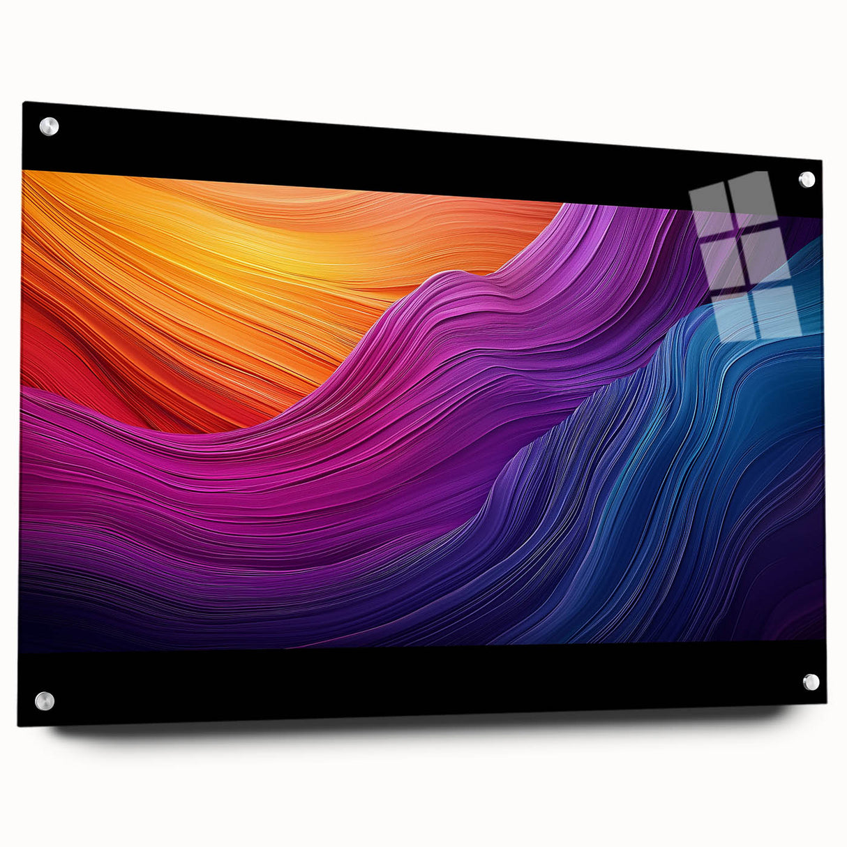 Acrylic glass artwork showcasing a side view of a vibrant landscape with caves and intricate details, elegantly pinned for display. Ideal for modern home decor.