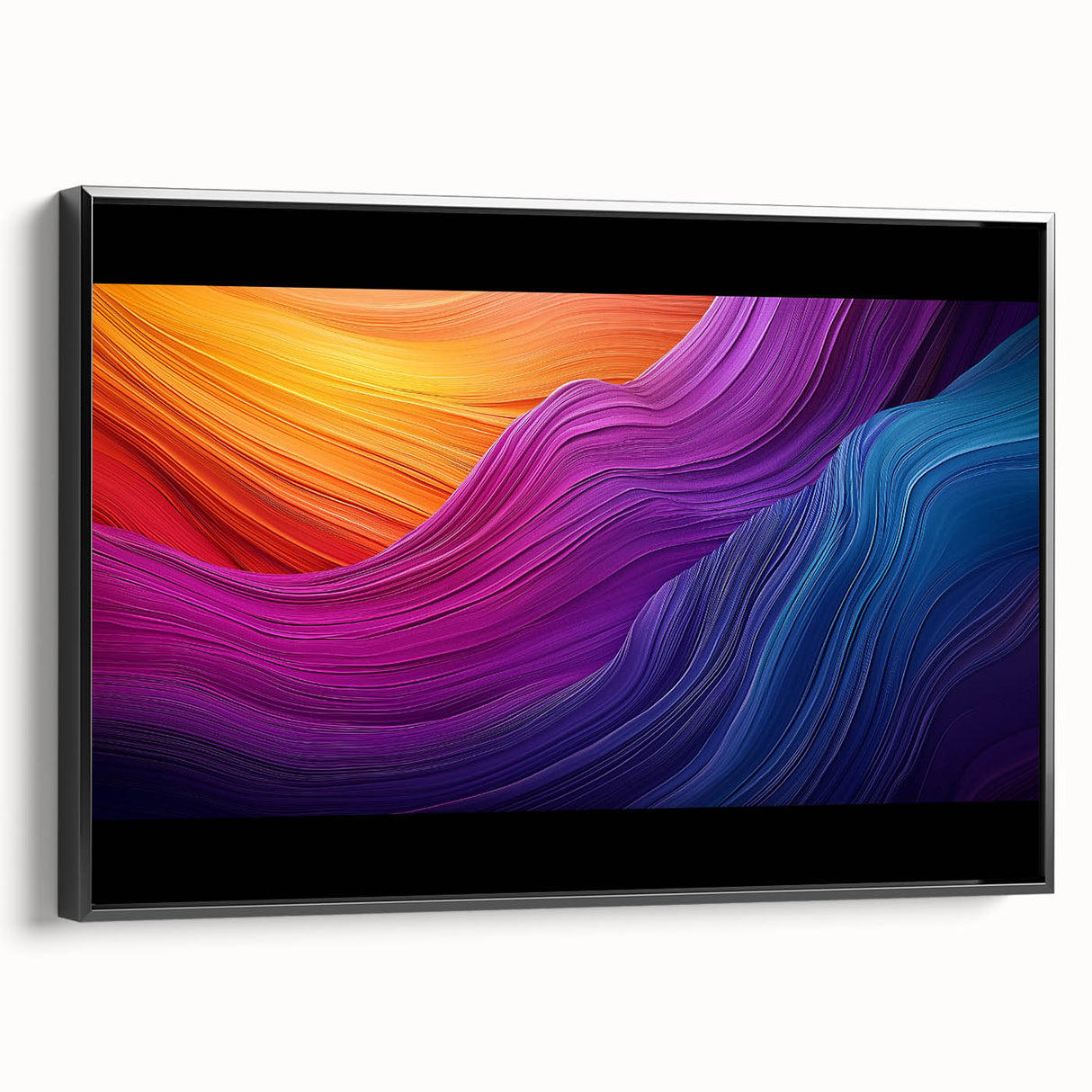 Framed canvas artwork depicting a stunning landscape scene of caves with a black border, ideal for modern home decor, enhancing any living space's aesthetic appeal.