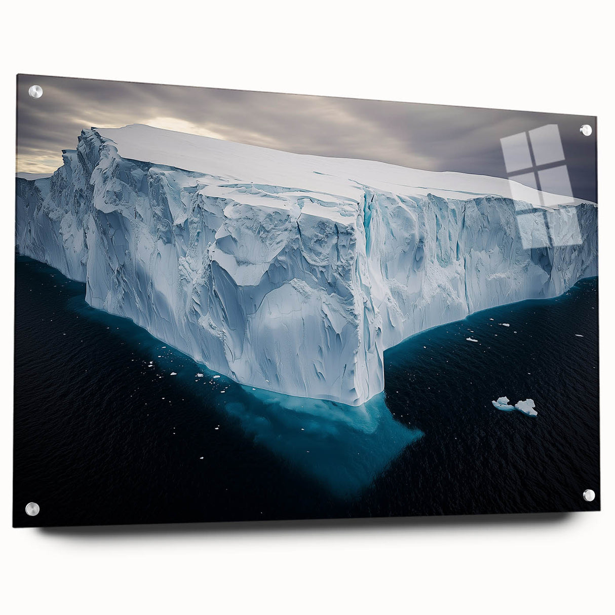 Acrylic glass artwork showcasing vibrant landscapes with dramatic cliffs, viewed from the side, featuring decorative pins that enhance its modern aesthetic.