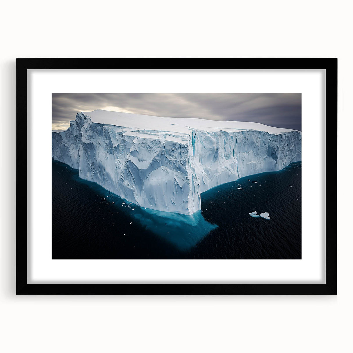 Framed landscape artwork featuring a stunning cliff scene, presented with a black mat and frame, ideal for home decor or office settings. This captivating piece enhances any wall with its dramatic colors and serene beauty.
