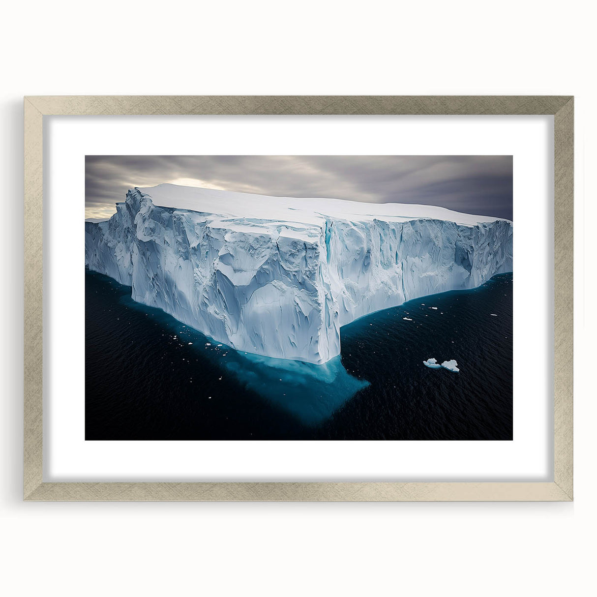 Framed landscape artwork showcasing dramatic cliffs under a vibrant sunset, featuring a silver mat and frame that enhances its elegance, perfect for home decor.