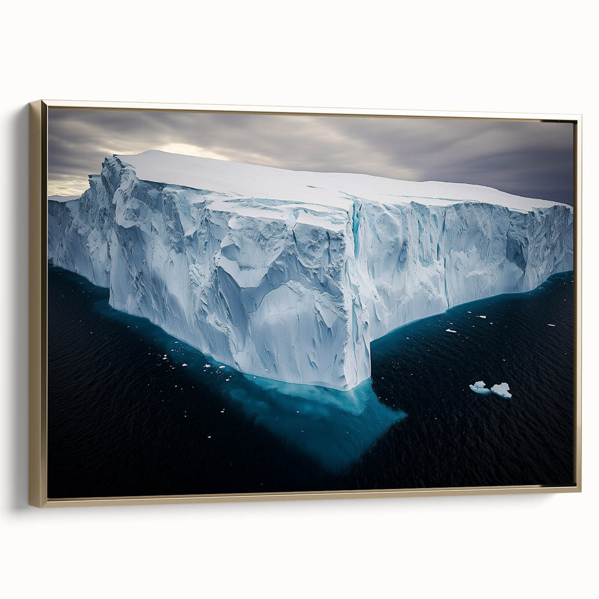 Framed canvas artwork depicting stunning cliffs against a vibrant sunset sky, showcasing rich gold accents and a sleek side view design, perfect for modern home decor.