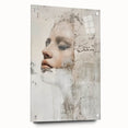 Abstract figurative wall art design displayed in acrylic glass, showcasing vibrant colors and intricate patterns, mounted with stylish pins for a modern aesthetic.