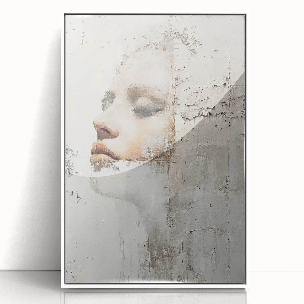Framed abstract figurative wall art in white acrylic, showcasing a modern design with soft color gradients and dynamic shapes, perfect for contemporary decor.
