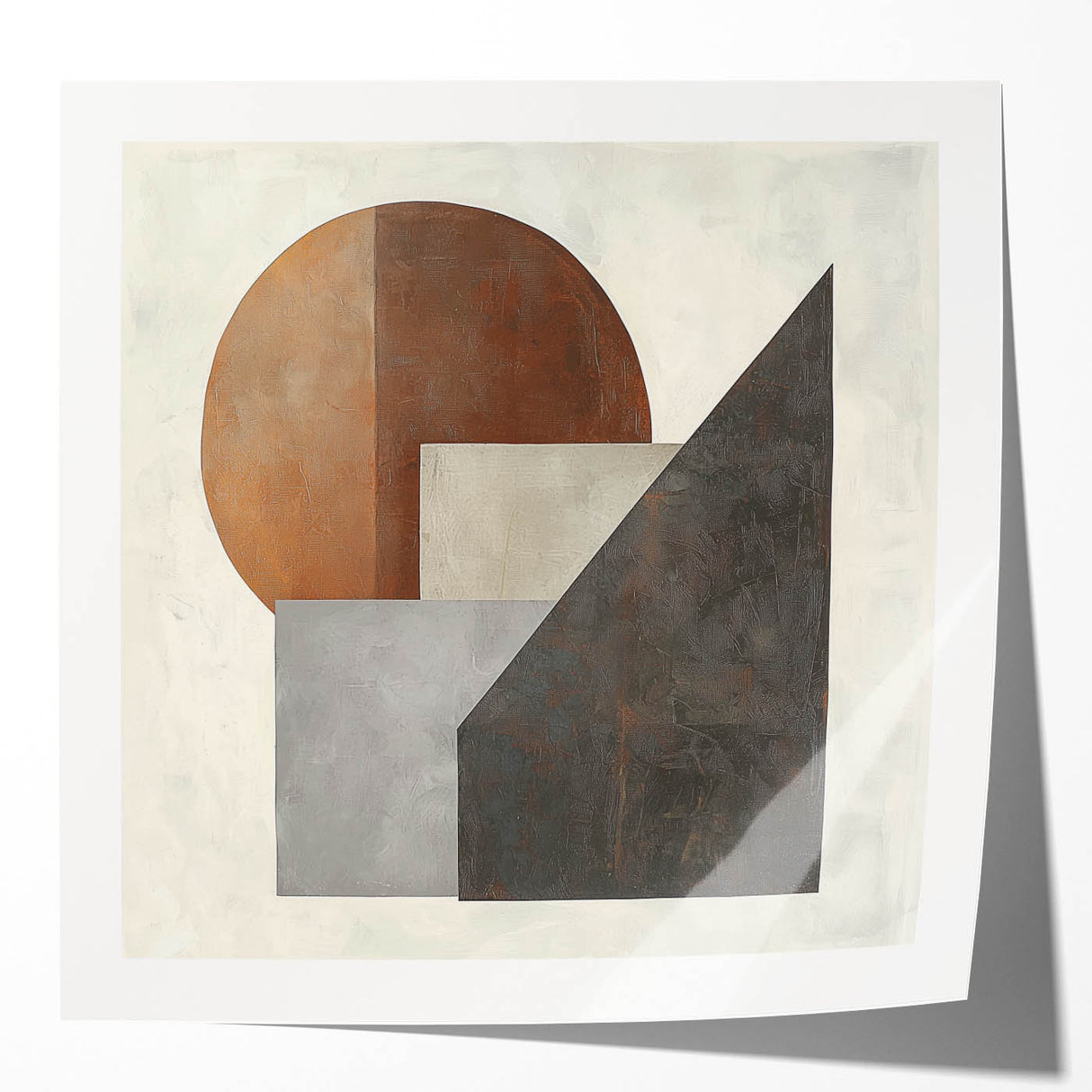 Abstract geometric photo print mockup featuring vibrant colors and glossy finish, ideal for showcasing modern wall art designs in contemporary decor settings.