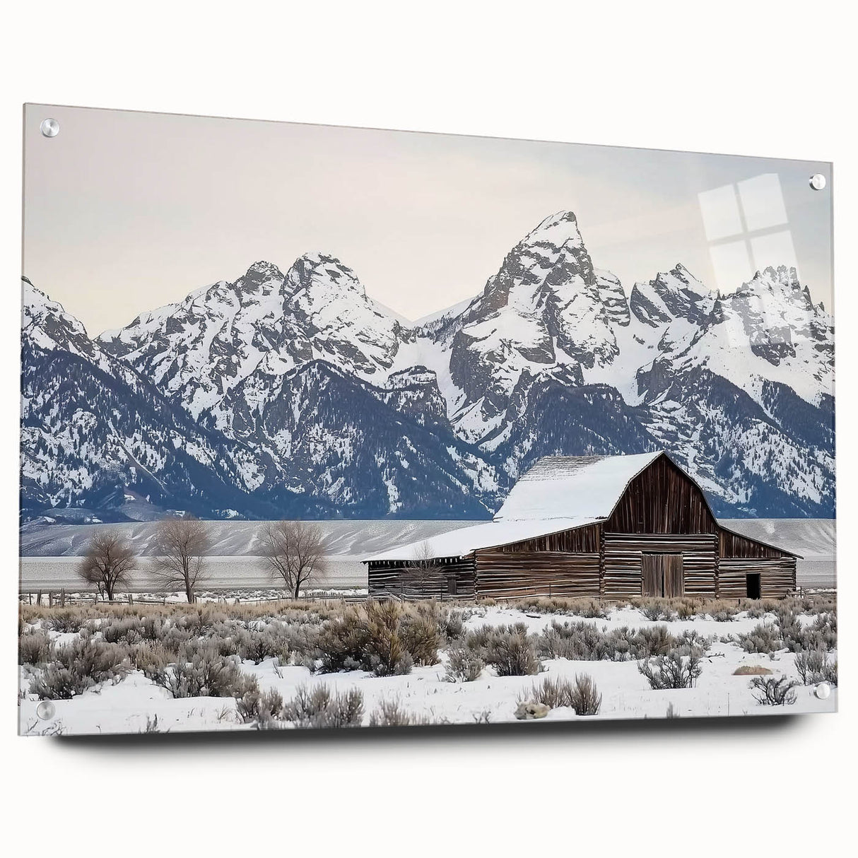 Acrylic glass side view of a landscape barn design, showcasing vibrant colors and intricate details, mounted with visible pins for a modern aesthetic. Perfect for rustic home decor.