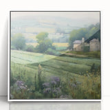 Framed acrylic wall art showcasing a serene landscape of rolling hills and a vibrant sunset, designed to enhance home decor with its calming colors and elegant white frame.
