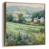 Framed landscape wall art depicting a serene countryside scene with silver and gold accents, perfect for adding elegance to home decor. The artwork features lush green fields and a tranquil sky, blending nature's beauty with a modern aesthetic.