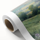 Rolled canvas showcasing a serene landscape scene with rolling hills and a vibrant sunset, perfect for home decor. Packaged securely in a durable cardboard tube for safe delivery.