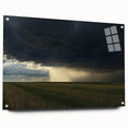 Acrylic wall art depicting a serene countryside landscape, showcasing vibrant colors and intricate details, displayed in a modern glass frame with pins for secure mounting.