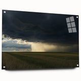 Acrylic wall art depicting a serene countryside landscape, showcasing vibrant colors and intricate details, displayed in a modern glass frame with pins for secure mounting.